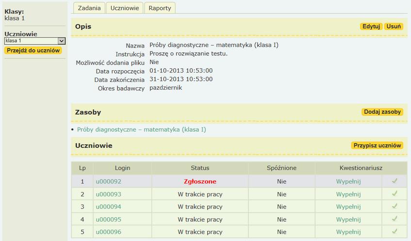 i wykonanie przez niego testu. UWAGA: W przypadku, gdy uczeń nie ma na swoim koncie aktywnych zadań jego konto zostaje automatycznie zablokowane.