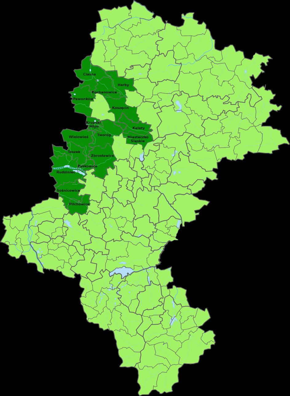 O nas - Obszar działania: Powiat lubliniecki: Ciasna, Herby, Kochanowice, Koszęcin, Pawonków, Powiat tarnogórski: Kalety, Krupski