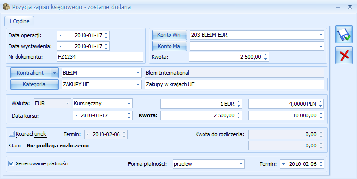 Podręcznik Użytkownika systemu Comarch OPT!MA Str. 57 Następne informacje, które Użytkownik wprowadza, związane są z Kontrahentem oraz Kategorią.