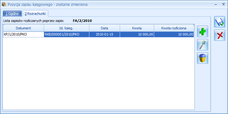 Podręcznik Użytkownika systemu Comarch OPT!MA Str. 59 Rys. 45 Zakładka Rozrachunki na formatce dekretu W Tabeli widoczne są wszystkie zapisy rozliczające dany dekret.