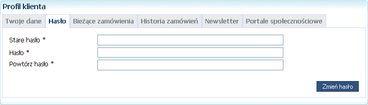 Str. 166 Moduł isklep24 v. 5.2 Rys. 224 Plugin Profil klienta, zakładka Twoje dane. 6.1.1.2 Hasło W zakładce Hasło jest możliwość zmiany dotychczasowego hasła.