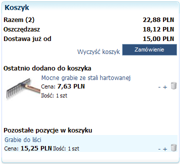 Podręcznik Użytkownika systemu Comarch OPT!MA Str. 173 Przykład: Przycisk Dodaj do koszyka nieaktywny dla towaru o stanie magazynowym równym zero w pluginie Prezentacja produktu.