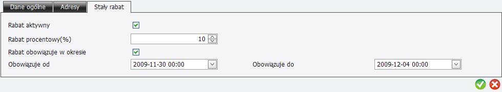 Należy podać Adres e-mail, Nazwa Kontrahenta (Imię, Nazwisko), Ulica, Miasto, Kod pocztowy, Kraj, Województwo, NIP. W zakładce Stały rabat jest możliwość zdefiniowania stałego rabatu dla kontrahenta.