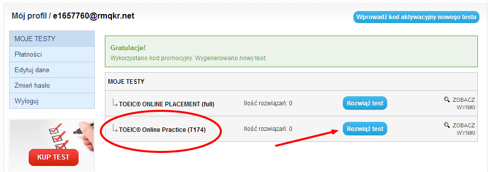 Krok 7 Proszę wpisać kod dostępu udostępniający test TOEIC Online Practice. Kod składa się z 40 znaków i zawiera małe litery oraz cyfry. W celu potwierdzenia proszę kliknąć w przycisk Wprowadź kod.