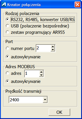 7. Kreator połączenia Kreator połączenia służy do szybkiego ustawienia parametrów transmisji: port COM, adres MODBUS podłączonego urządzenia, prędkość transmisji.