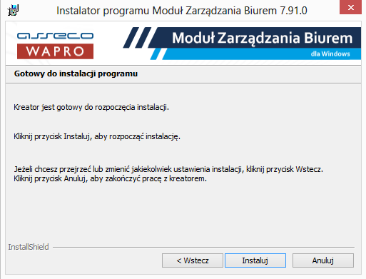 Następnie kreator instalacji prosi użytkownika o potwierdzenie rozpoczęcia procesu instalacji aplikacji Moduł Zarządzania Biurem Asseco WAPRO za pomocą przycisku Instaluj. Rysunek 3.