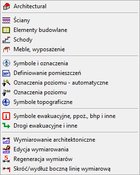 CADprofi Architectural: Menu i pasek narzędzi modułu Architectural Menu i pasek narzędzi modułu Architectural Polecenia modułu Architectural Pasek narzędzi CADprofi Architektura Menu modułu CADprofi