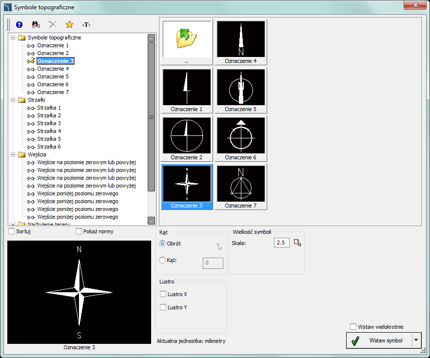 CADprofi Architectural: Symbole topograficzne Symbole topograficzne Polecenie Symbole topograficzne pozwala na wstawienie do rysunku różnych symboli, w tym: strzałek, symboli kierunku świata,