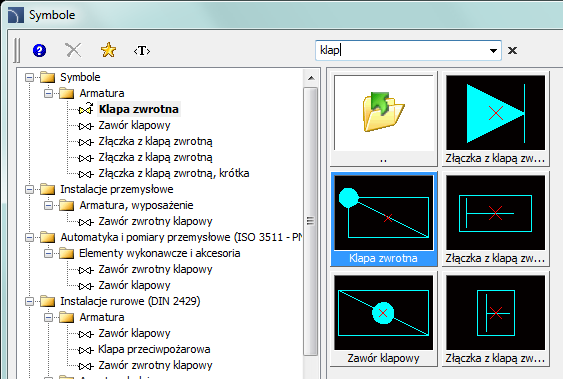 CADprofi HVAC & Piping: Praca z symbolami ogólne zasady Wyszukiwanie symboli W każdym oknie dialogowym służącym do wstawiania symboli dostępna jest opcja wyszukiwania, dzięki której możliwe jest