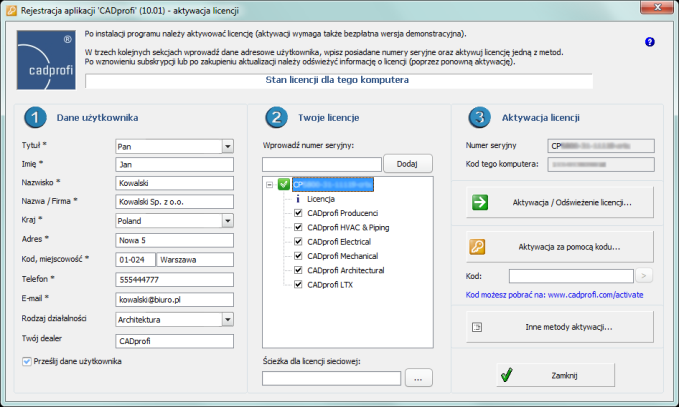 Instalacja: Rejestracja i aktywacja licencji Rejestracja i aktywacja licencji Aby aktywować wersję komercyjną programu CADprofi należy przeprowadzić proces aktywacji licencji.