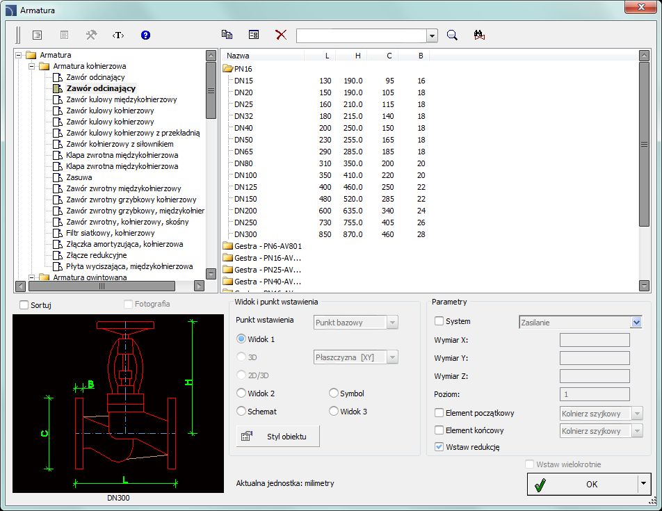 CADprofi HVAC & Piping: Armatura Armatura Polecenie Armatura umożliwia wstawianie do rysunku widoków armatury, pomp in line oraz innego wyposażenia przewodów instalacji rurowych.