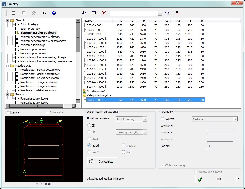 CADprofi HVAC & Piping: Obiekty Obiekty Polecenie Obiekty służy do wstawiania do projektów różnego rodzaju obiektów instalacji, jak: zbiorniki, rozdzielacze, pompy, wentylatory, kotły, podgrzewacze