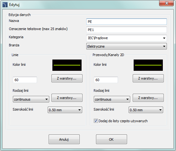 CADprofi Electrical: Przewody, trasy kablowe schemat Okno dialogowe Edytuj zawiera: Nazwa nazwa edytowanego przewodu.