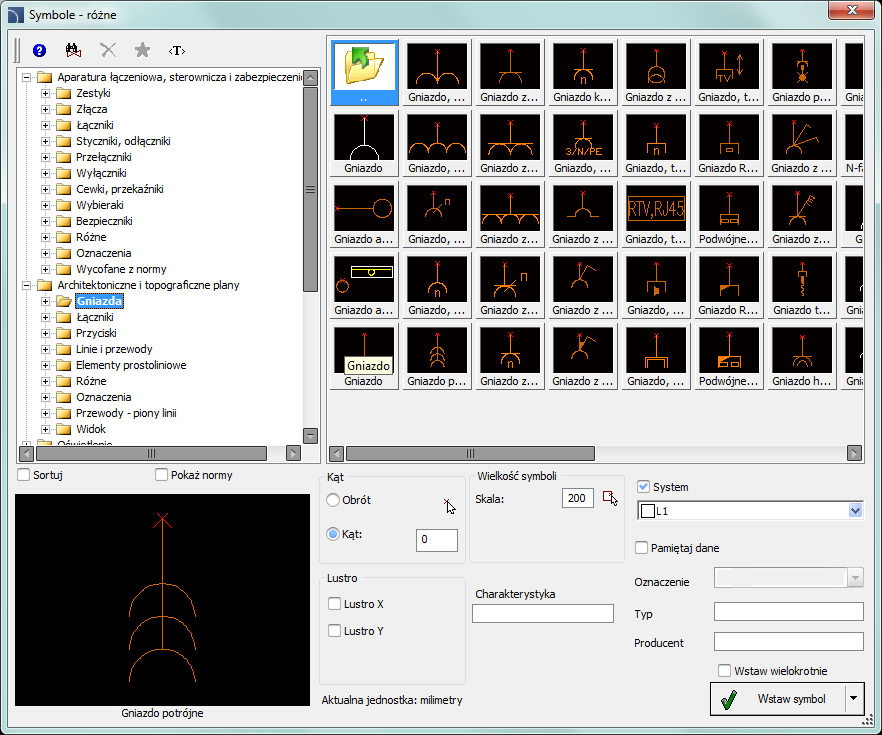 CADprofi Electrical: Symbole różne Symbole różne Polecenie Symbole różne zawiera wiele symboli wykorzystywanych zarówno na rzutach, jak i schematach elektrycznych.