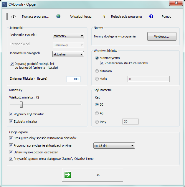 CADprofi Polecenia ogólne: Opcje programu CADprofi Opcje programu CADprofi Polecenie CADprofi Opcje pozwala określić podstawowe parametry pracy programu.