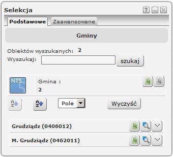Zakładka Narzędzia Selekcja wyszukiwanie podstawowe Wyszukiwanie obiektów w warstwie dowolnego serwisu Efekt wyszukiwania: wyświetlenie