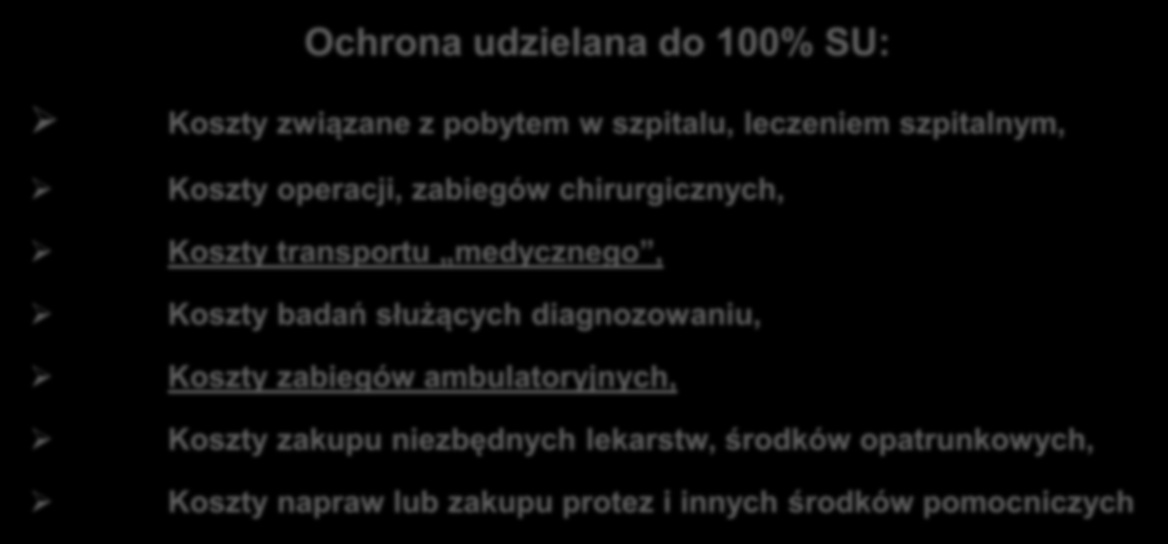 W podróży Klauzula nr 1 koszty leczenia Ochrona udzielana do 100% SU: Koszty związane z pobytem w szpitalu, leczeniem szpitalnym, Koszty operacji, zabiegów chirurgicznych, Koszty transportu