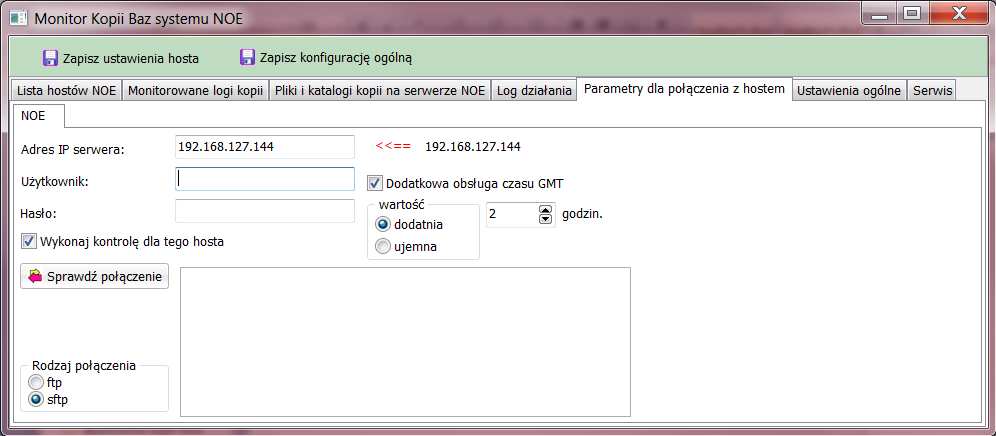 5. podania danych niezbędnych do połączenia protokołem FTP/SSH: h) adresu IP serwera, i) użytkownika i hasła dane zostaną zapisane w formie zaszyfrowanej, j) zaznaczenia opcji wykonaj kontrolę dla