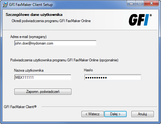 Screenshot 2: Adres e-mail i poświadczenia programu GFI FaxMaker Online 4. Wprowadź adres e-mail skonfigurowany w programie GFI FaxMaker Online przez administratora.