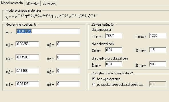 FormFEM - Model właściwości materiału Właściwości elastyczne Właściwości plastyczne na gorąco Model krzywych płynięcia na gorąco - równanie Spittel a