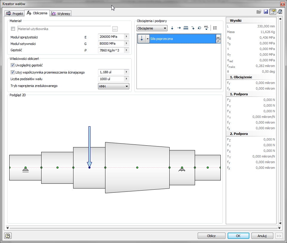 Inventor Design Accelerator Obliczenia,: Podgląd 2D wału oparty na konfiguracji wybranej w karcie Projekt. Graficzne wskaźniki obciążeń i podpór.