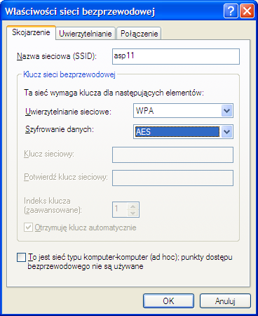 Uwierzytelnianie sieciowe wybierz WPA oraz w polu Szyfrowanie danych wybierz AES.