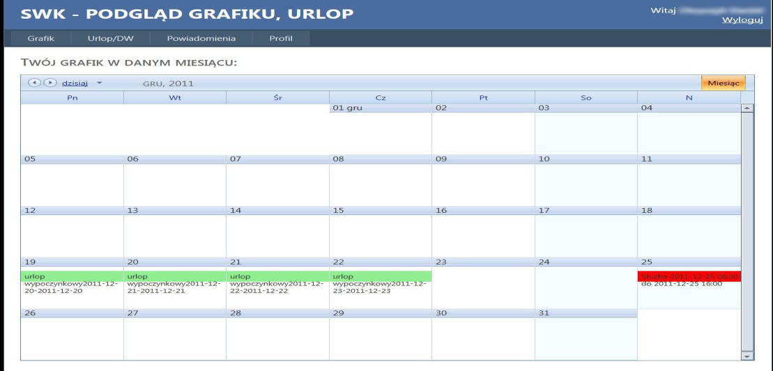 Przykładowa formatka modułu mapy Moduł Grafik WWW umożliwia podgląd zaplanowanych służb, planowanie