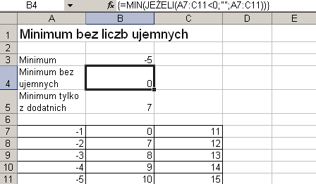 Rys. 1. Wartość najmniejsza spoza zbioru liczb ujemnych Wyjaśnienie działania formuły: - Funkcja JEśELI sprawdza kaŝdą komórkę z zakresu A7:C11 pod kątem występowania liczb ujemnych (<0).