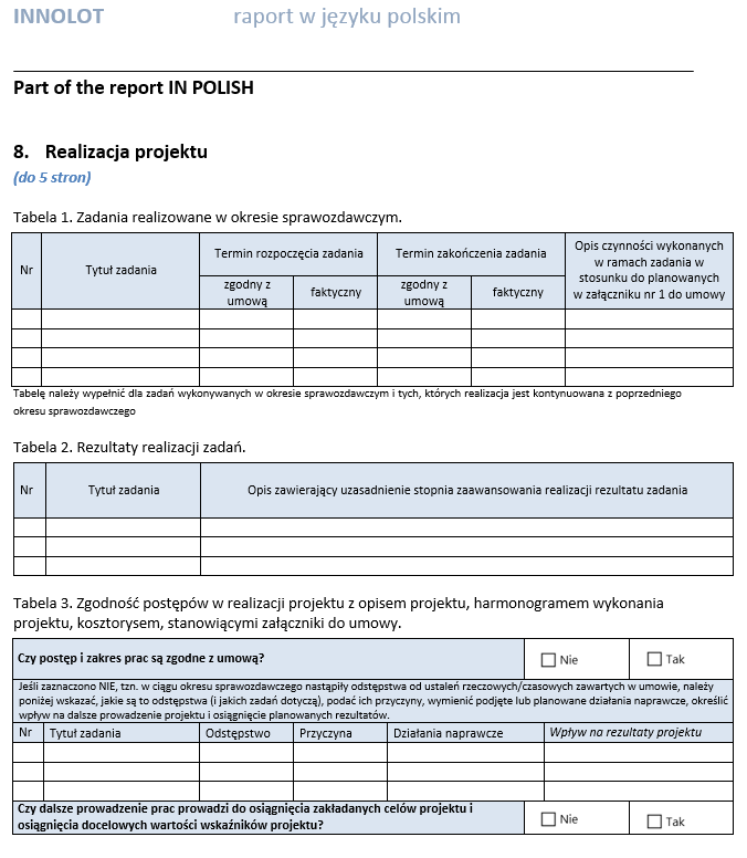 Część raportu sporządzana w języku polskim. Tabela 1.