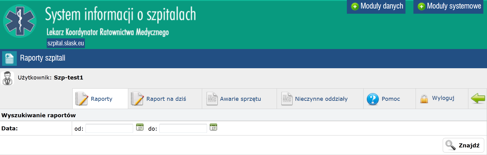 Widok po wybraniu przycisku Raporty szpitali Widok karty Raporty Karta Raporty zawiera wyszukiwarkę wszystkich raportów wprowadzonych do systemu przez szpital.