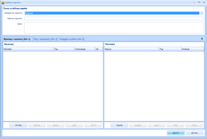 1.1.2.1. Zakładka - Wymiary i wartości Tworzenie nowego szablonu raportu rozpoczyna się wyborem kategorii raportu, do której ma należeć szablon raportu. Na przykładzie widocznym na rys.