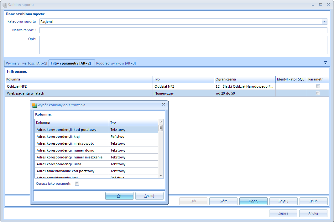 1.1.2.2. Zakładka - Filtry i parametry Zakładka ta oferuje możliwość przefiltrowania tworzonego raportu pod kątem danych, które są dla użytkownika najbardziej istotne. Rysunek 7.