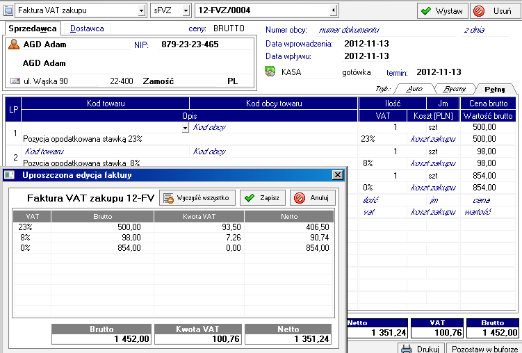 Symfonia Handel 2013.1b 10 Operacja służąca uproszczonej ewidencji faktur wywoływana jest z menu kontekstowego wystawianego Dokumentu zakupu poleceniem Faktura uproszczona.