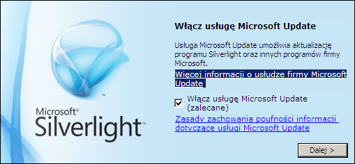 Aby zainstalować aplikację Silverlight z serwera PGNiG, na powyższym okienku należy kliknąć przycisk Instaluj teraz i zatwierdzać kolejne komunikaty pojawiające się w oknie przeglądarki internetowej.