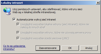 Informacje ogólne Dodanie strony aplikacji SAC do strefy intranetowej Na zakładce Zabezpieczenia wybieramy ikonę Lokalny intranet, a następnie przycisk Witryny.