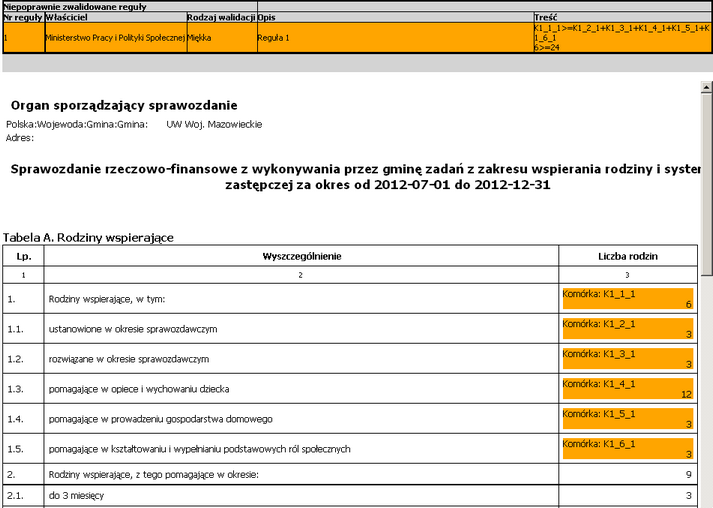 Sprawozdania resortowe Przeglądanie niepoprawnych reguł w sprawozdaniu Wybrane sprawozdanie mamy możliwość wyświetlić wraz z informacją o regułach, które nie zostały spełnione dla tego sprawozdania.