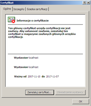 Informacje ogólne informacja "Błąd certyfikatu". Otworzy się okno "Certyfikat niezaufany", zawierające informację o błędzie certyfikatu.