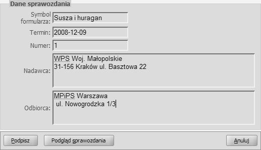 Sprawozdania jednorazowe Po poprawnym sprawdzeniu oraz aktualizacji komponentów, niezbędnych do wykonania podpisu, otworzy się okno "Podpis sprawozdania", zawierające informacje o podpisywanym