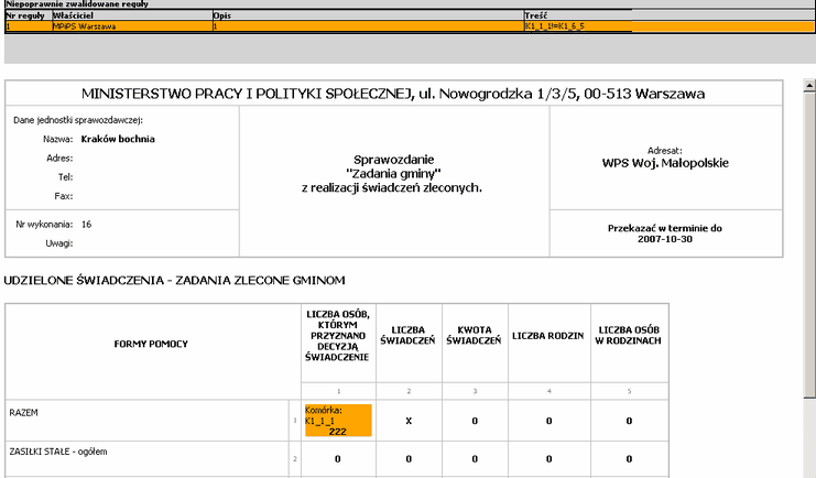 Sprawozdania jednorazowe W tym celu zaznaczamy sprawozdanie na liście i wykonujemy operację Niepoprawne reguły w sprawozdaniu:.