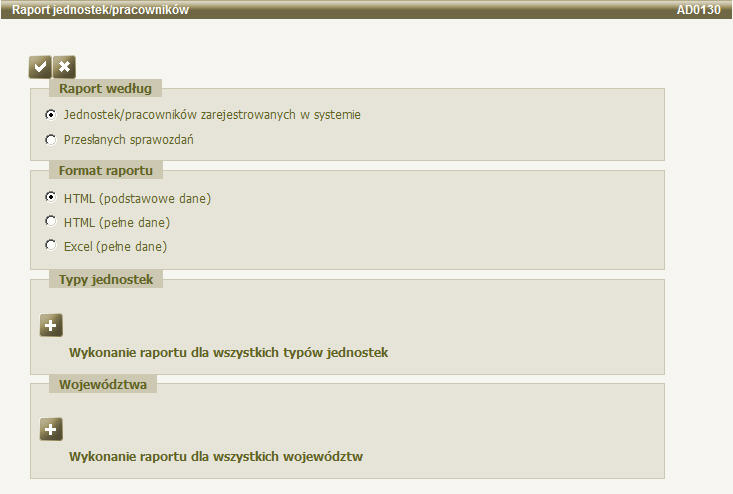 Administracja Raport jednostek/pracowników Użytkownik posiadający uprawnienia do Raportu jednostek/pracowników, może go utworzyć przez wybranie ikony z paska menu. Uwaga!