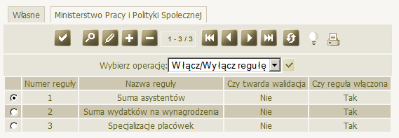 Sprawozdania resortowe - po zdefiniowaniu reguły wybieramy ikonę Akceptuj. Po dodaniu nowej reguły jest ona "włączona" czyli zostanie wygenerowana z najbliższym zestawem reguł. Uwaga!