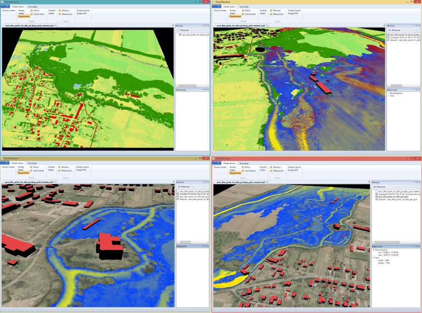 Opracowane fragmenty modeli przestrzennych testowano także w symulacjach przepływów 3D metodą SPH (ang. Smoothed-particle hydrodynamics) (rys. 2c).