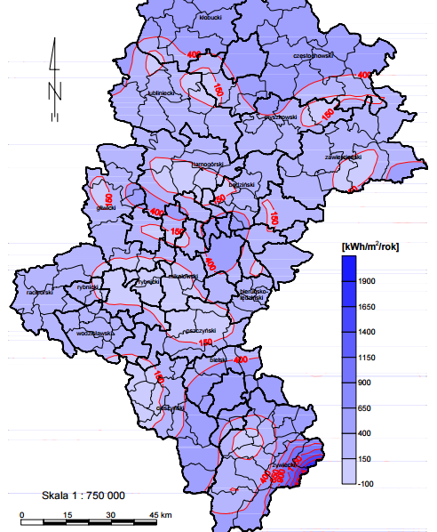 Dominująca część województwa śląskiego leży w strefie mało korzystnej pod względem potencjalnego wykorzystania energii wiatru (strefa IV), jedynie południową część województwa uznać można za