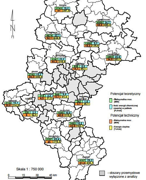 Rysunek 11. Potencjał z biomasy na terenie województwa śląskiego.