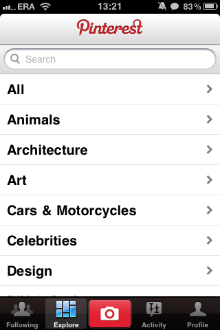 Pinterest - wersja mobilna eksplorowanie po kategoriach - wchodzenie w interakcje i dodawanie do