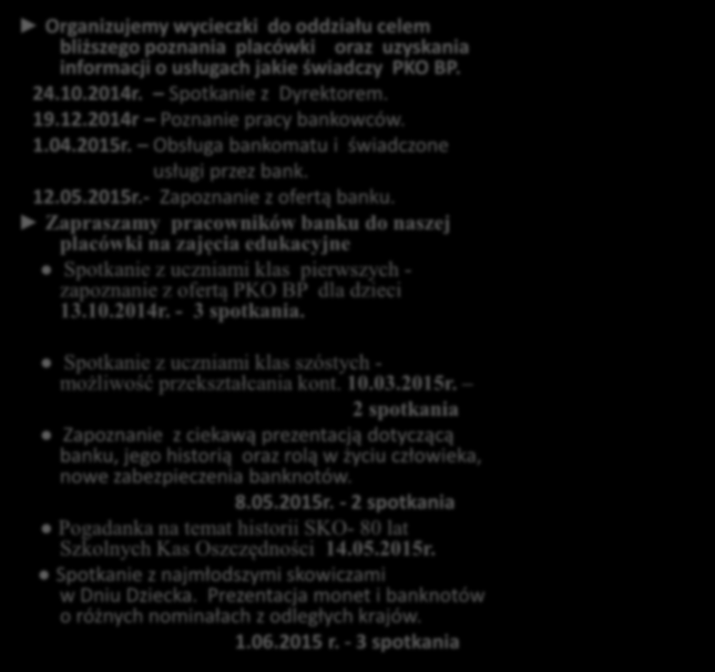Współpraca z bankiem Nasze SKO systematycznie współpracuje z PKO BP Oddział I w Brzesku Organizujemy wycieczki do oddziału celem bliższego poznania placówki oraz uzyskania informacji o usługach jakie