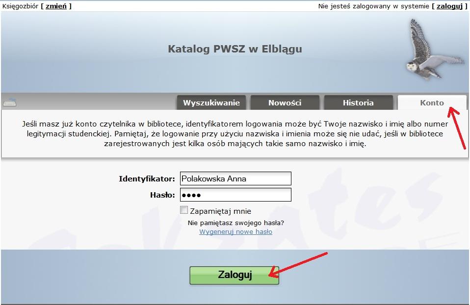 Logowanie Klikamy zakładkę Konto Pojawi się strona, na której wpisuje się nazwisko i imię lub identyfikator oraz hasło logowania.