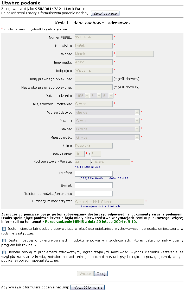 Krok 1 dane osobowe i adresowe (konto gimnazjalisty) W tym kroku powinieneś jedynie podać dane kontaktowe.