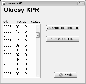 4. Okresy księgowe Okresem księgowym (obrachunkowym) w KPR jest miesiąc kalendarzowy. Każdy okres oznaczony jest numerem. Bilans otwarcia ma numer 00, styczeń - 01, luty - 02 itd.