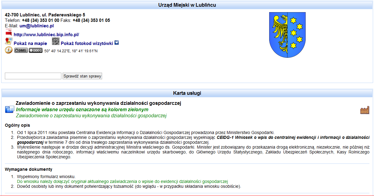 Karta usługi na platformie SEKAP